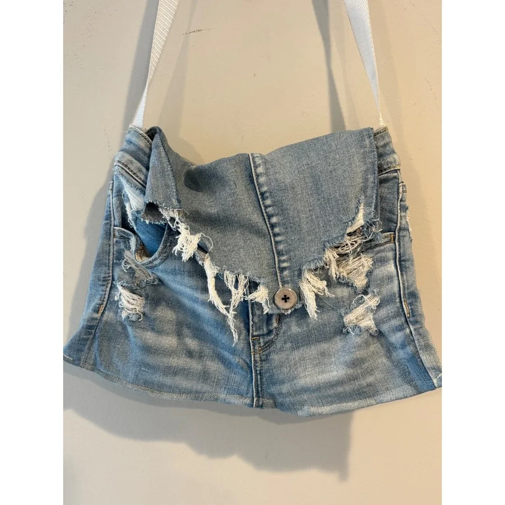 Handmade Upcycled American Eagle Denim Crossbody Bag Distressed Jean Purse Boho